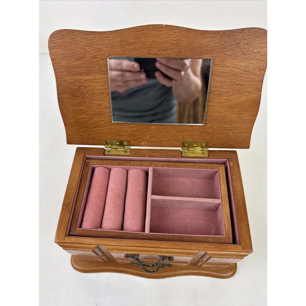 Small Jewelry Box Oak Finish Velvet Lined, Mirror, Lift Top & lift out tray